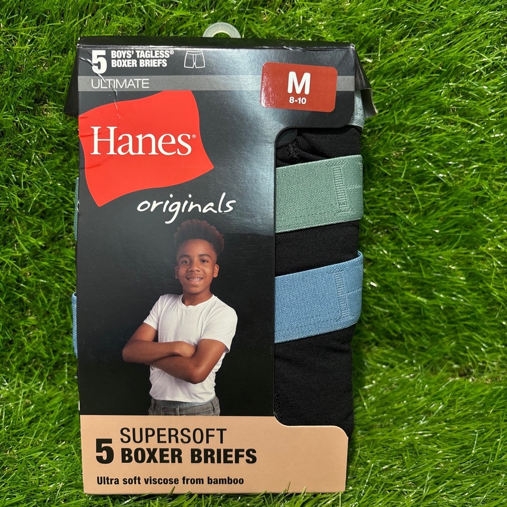 Hanes Boys 5 Pack Originals Ultimate Bamboo Boxer Briefs Black Size M 8-10 NIB